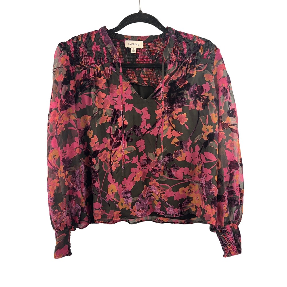Evereve Dark Velvet Floral Burnout Blouse Smocked SZ‎ S Dark Romantic Whimsigoth